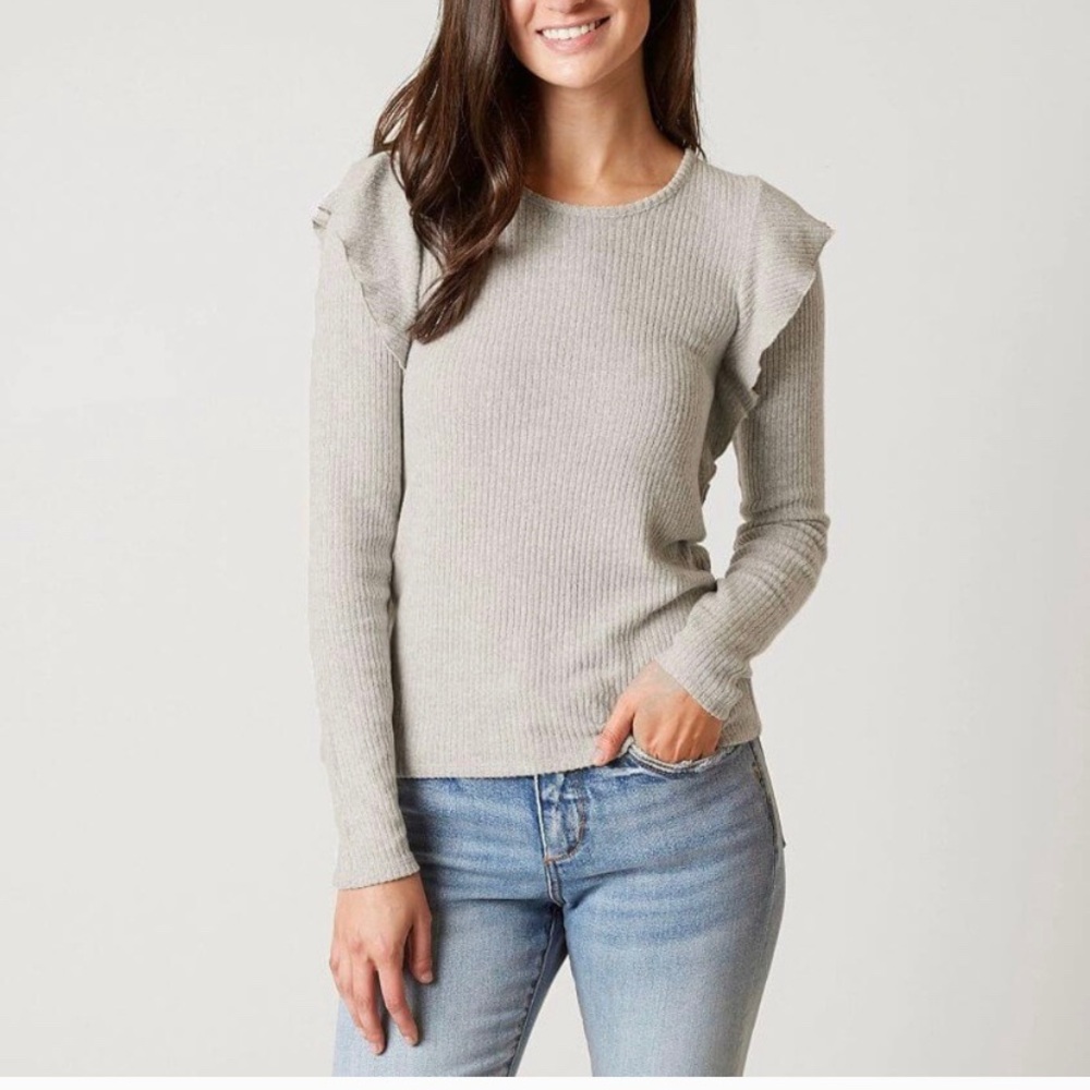 Lucky Brand Ribbed Gray Ruffle Long Sleeve Sweater